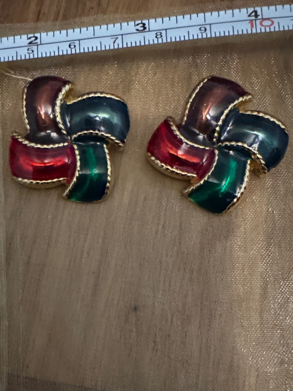 Vintage  Gold-Tone Multicolor Enamel Post Earrings - Red, Green, Brown and Blue